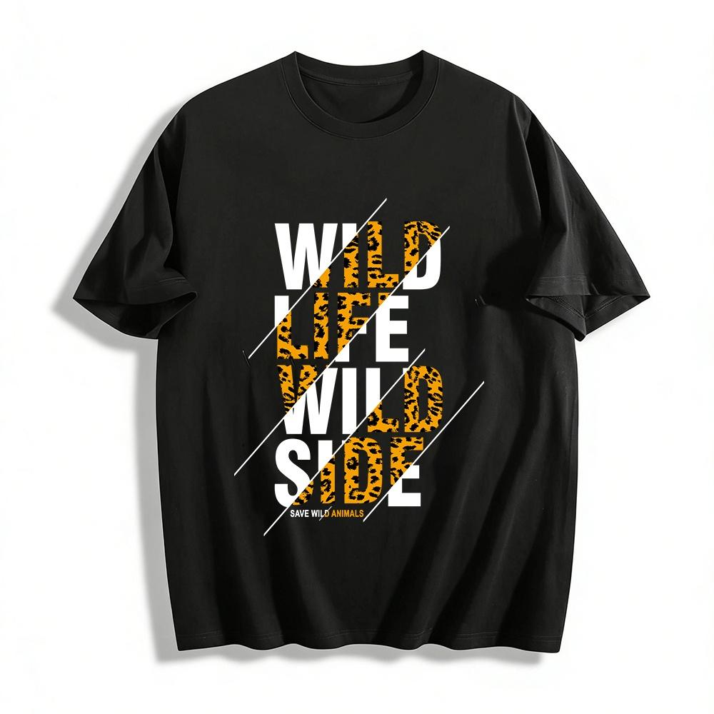Leopard Print Letter Graphic Casual Loose Unisex Crewneck T-Shirt Pure cotton T-shirt XXS