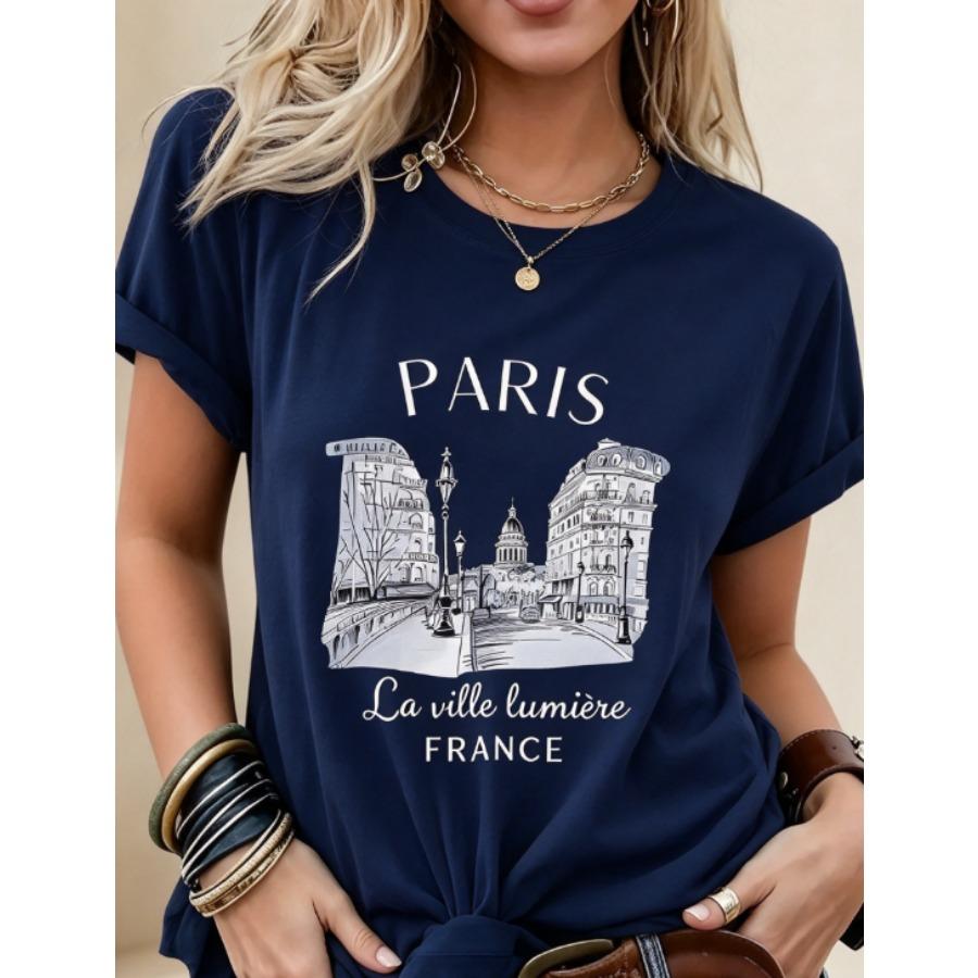 Daily Wear Basic Top Tee Fashion New Women Crew Neck Short Sleeve T-Shirt, Loose Casual Paris Graphic Print