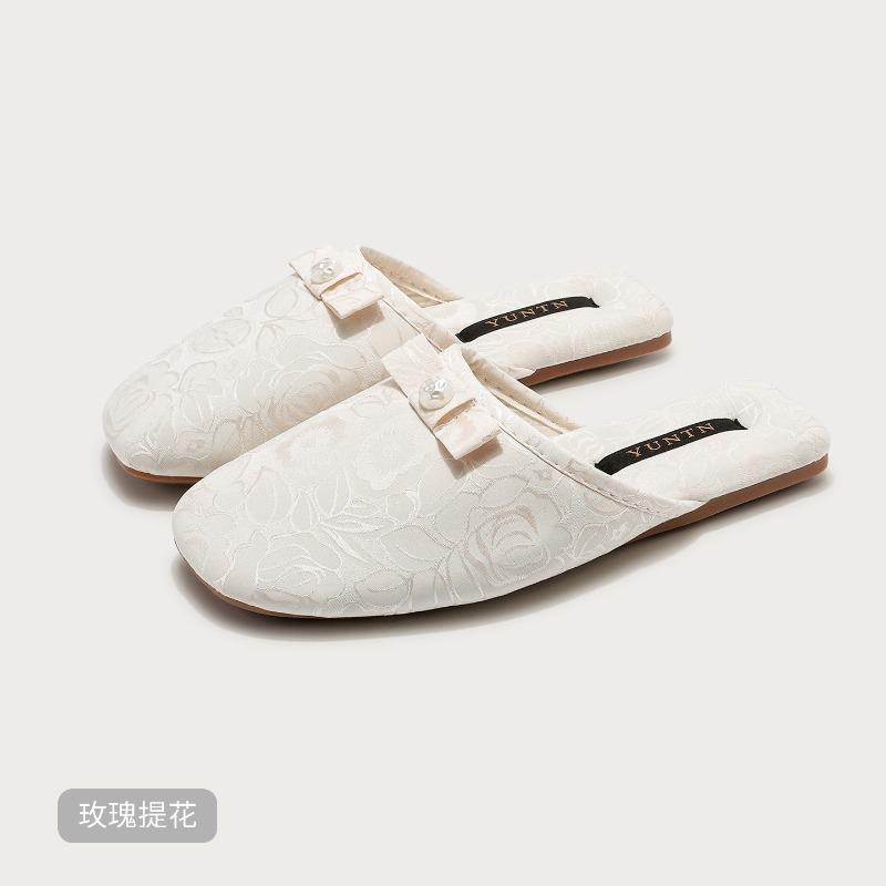 Fashion Fashion String Bead Bow Decoration Slippers Women Elegant Round Toe Rose Totem Designer Shoes Comfort Lightweight Home Slippers