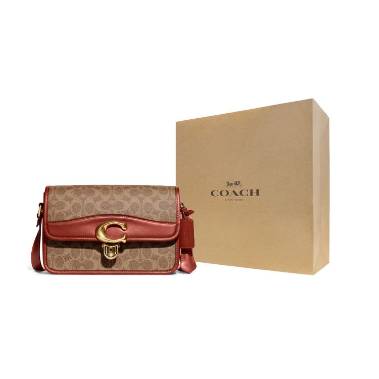 Coach Studio 25 C Logo Flap Classic Monogram Canvas And Leather Shoulder Crossbody Bag Large Women Bags Brown Red C6639-B4NQ4