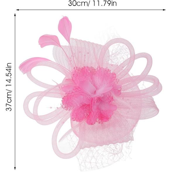 TEHAUX Fascinator Headband with Mesh Flower and Plume, Pink Cocktail Tea Party Hat for Women, Wedding Special Occasion Accessory