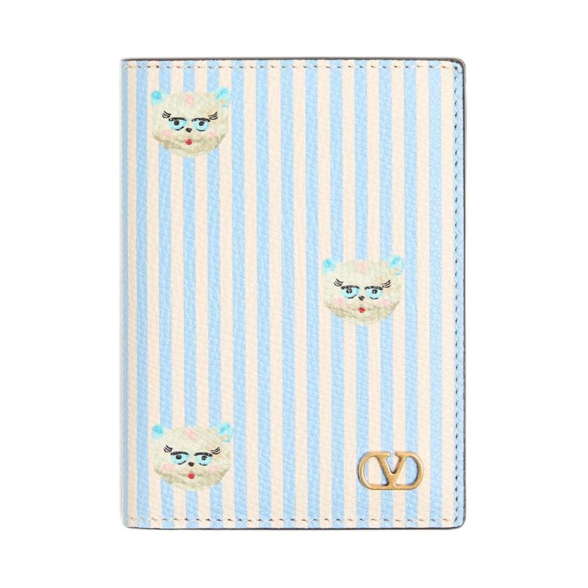 Valentino Vlogo Signature Brand Logo Cat Pattern Grain Leather Card Holder Women Card Holder Blue Ivory 8Y2P0AP1AXU9VM