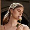 Gold Leaf Headband Hair Comb & Jewelry Set for Women: Includes Open Arm Bracelet, Pearl Earrings, and Necklace