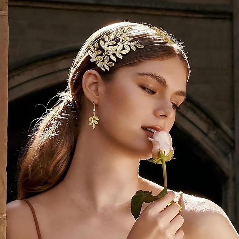 Gold Leaf Headband Hair Comb & Jewelry Set for Women: Includes Open Arm Bracelet, Pearl Earrings, and Necklace