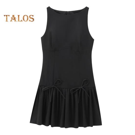 Sommerkleid für Damen, ärmellos, Schleifendekor, plissiert, A-Linie, einfarbig, Minikleid mit Reißverschluss auf der Rückseite, O-Ausschnitt, Westenkleid für Dating-Party