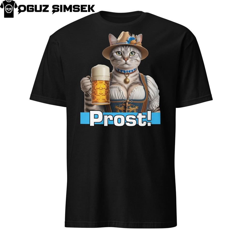 

Unisex Short-Sleeve T-Shirt: Cat in Bavarian Attire Holding Beer Mug - Prost! M