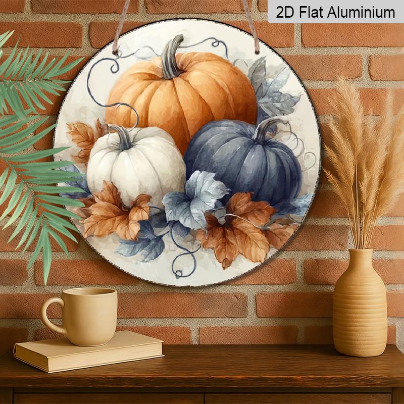 2D Flat, Vintage Fall Thanksgiving Metal Wall Decor - Round Rustic Pumpkin Wreath Sign with Beige/Orange/Blue/Leaf Colors, Durable Aluminum