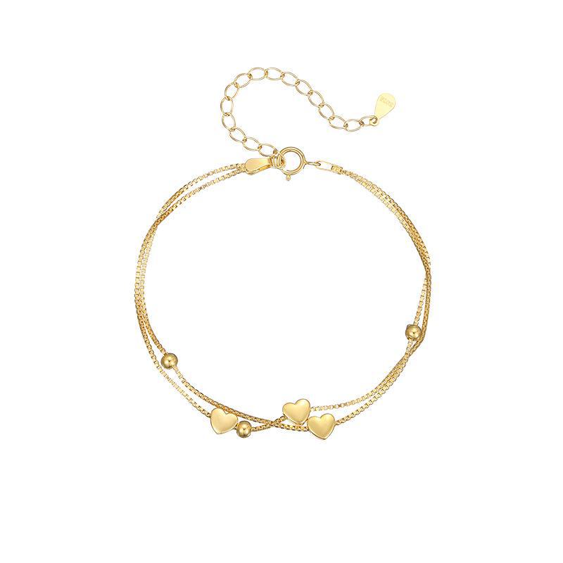 Sterling Silver Double-Layer Heart & Round Bead Bracelet - Japanese & Korean Style