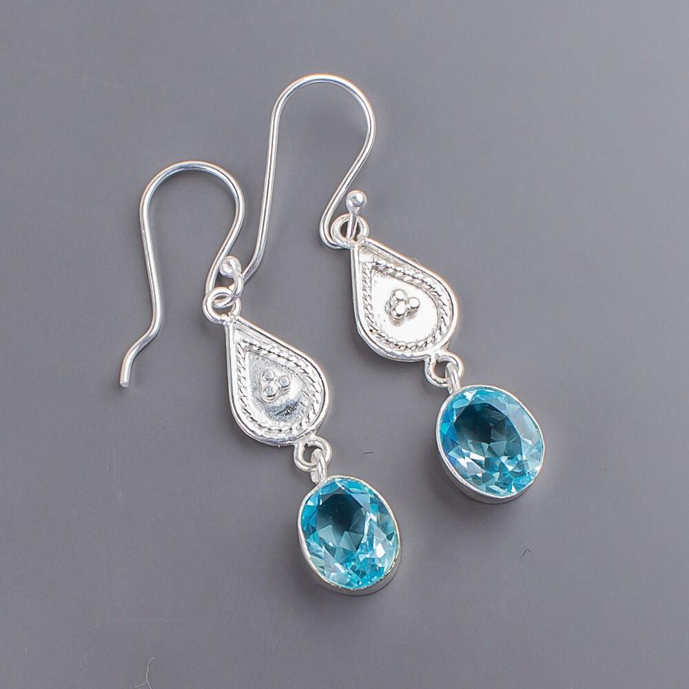 Sky Blue Topaz Gemstone 925 Sterling Silver Handmade Drop/Dangle Earrings 1.70" EE-8-3