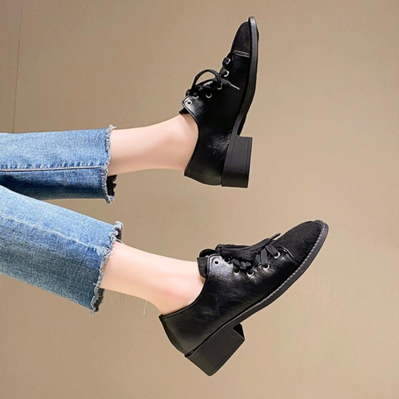 Fashion Autumn New Coarse Heel Shoes Women's Fashion Square Head Suede Front Lace-up Anti-slip Wear-resistant Low-top Shoes