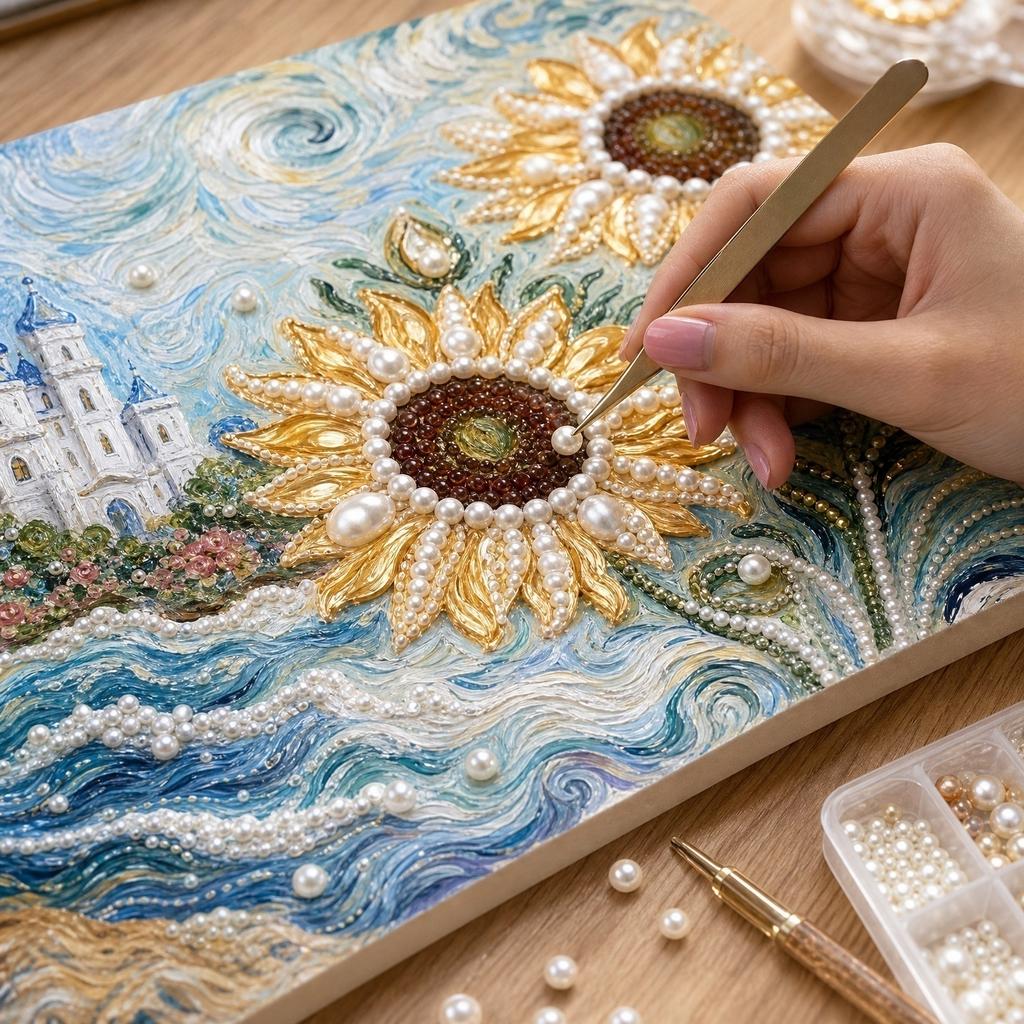 DIY Pearl Art Kit Cartoon Castle Sunflower Seaside Pearl Decoration Painting Handmade Craft Kit for Creative Home Wall Art Gift