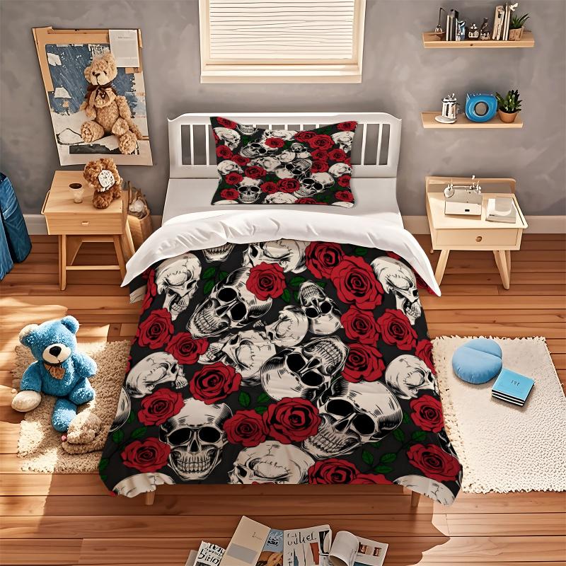 Skull And Rose Print Duvet Cover Set, No Filler, Soft and Comfortable Bedding Suitable for Bedroom and Hotel Decoration