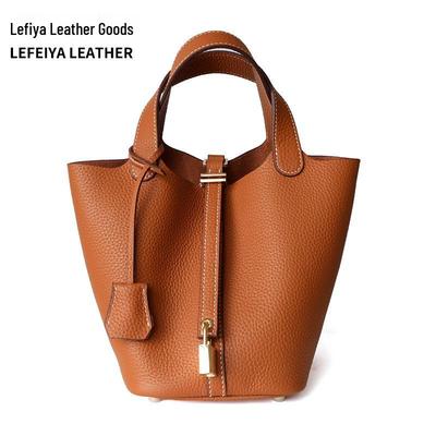 Women's Genuine Leather Bucket Handbag - Large Capacity, High-End Cowhide Veggie Basket Style