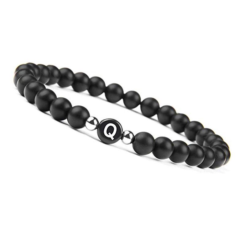6mm Black Frosted Agate Stone Beaded 26 Letters Bracelet Valentine's Day Gift