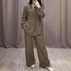Autumn Fashion Comfortable Cotton and Linen Long Sleeved Half Open Collar Casual Pleated Wide Leg Pants Set