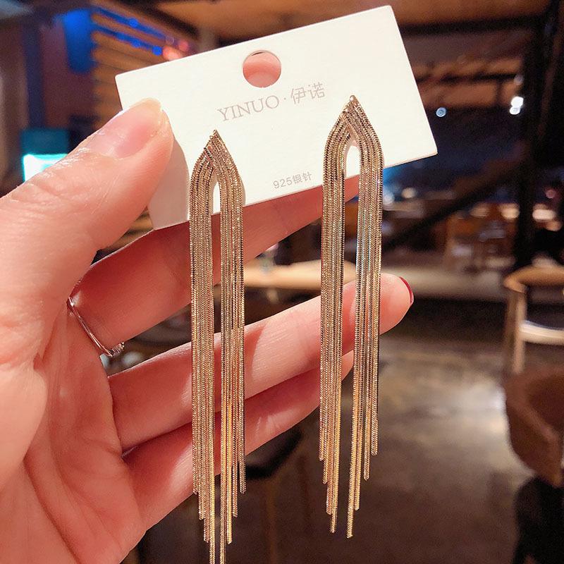 Vintage Gold Color Long Thread Tassel Drop Earrings for Women Glossy Arc Geometric Personality Earring Fashion Jewelry Gift