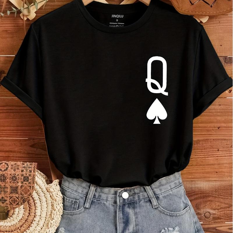 Poker Q Print Crew Neck T-Shirt, Casual Short Sleeve T-Shirt For Spring & Summer, Women's Clothing
