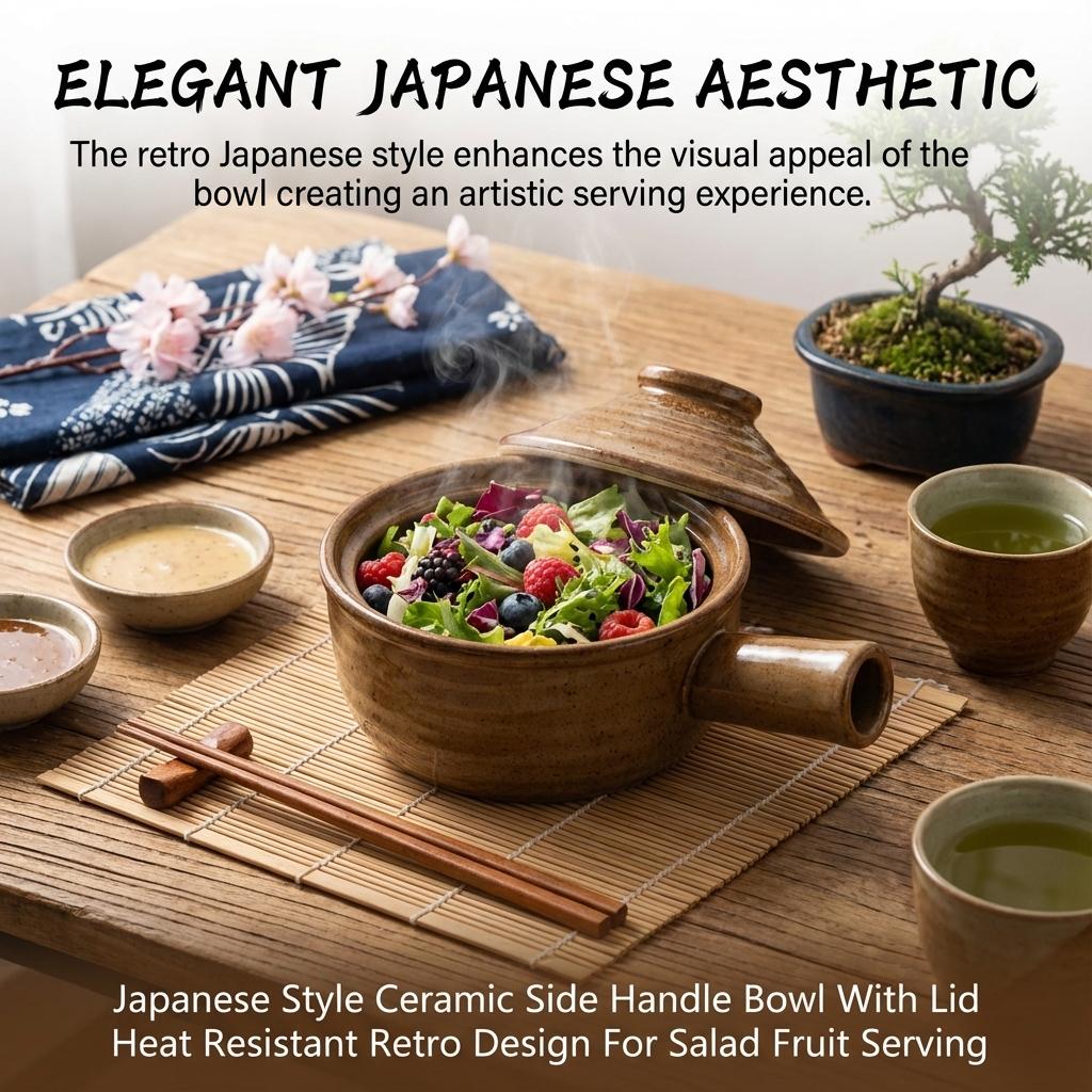 Ceramic Side Handle Bowl With Lid Heat Resistant Japanese Style Retro Design For Salad Fruit Serving