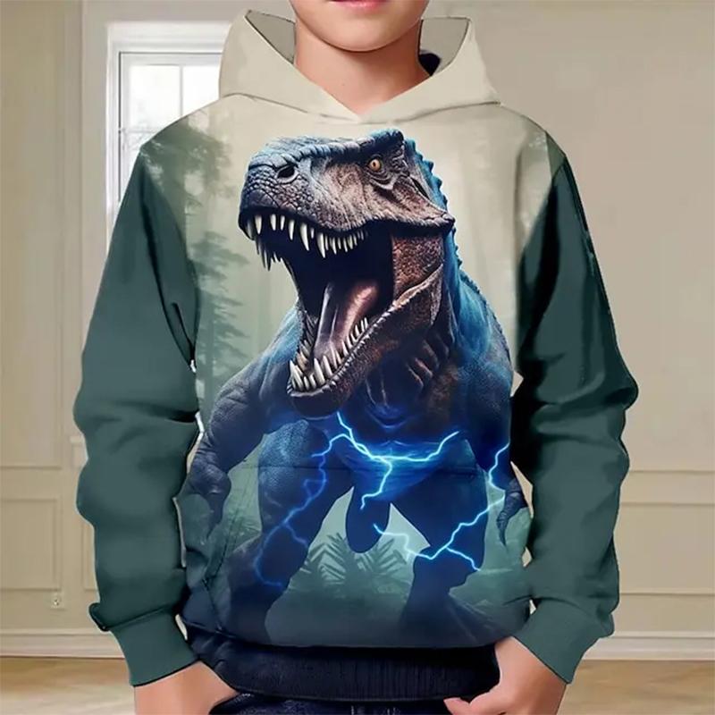 Spring Autumn Boys Hoodie Pullover 3D Dinosaur Print Fashion Street Dazzling Cool Kids Clothing Casual Long Sleeve Hoodies Tops