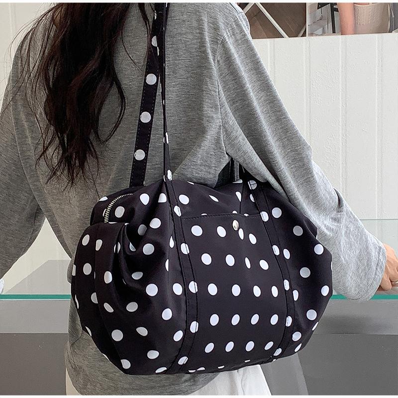 Korean Polka Dot Tote Bag Lightweight Nylon Handbag Women Casual Commute Shoulder Bag Large Capacity Sports Foldable Storage Bag