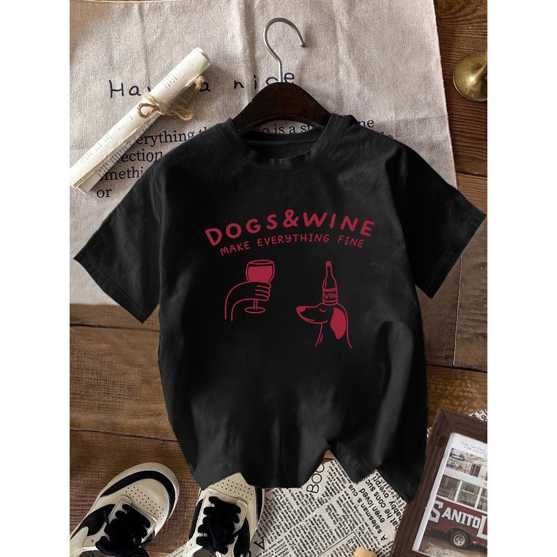 T-shirt Stampata Tema Cane e Vino Manica Corta Larga Stile Pigro Quotidiano Cappotto
