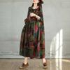 New Vintage Cotton and Linen Print Round Neck Long Sleeve Dress Female Loose Large Size