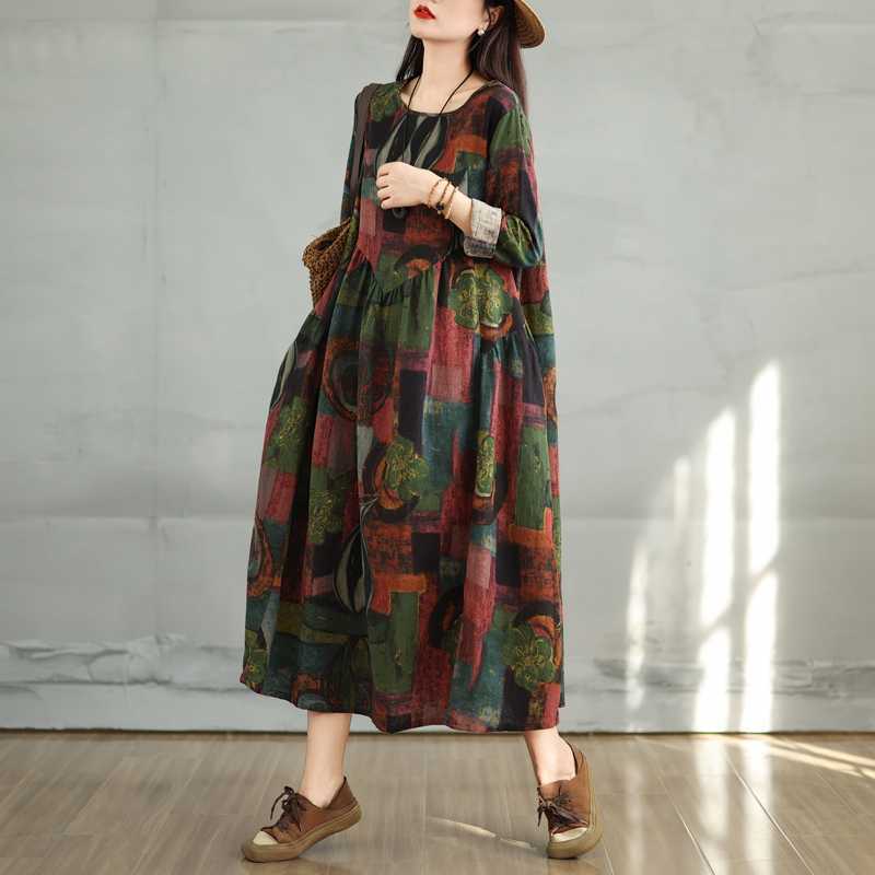 New Vintage Cotton and Linen Print Round Neck Long Sleeve Dress Female Loose Large Size