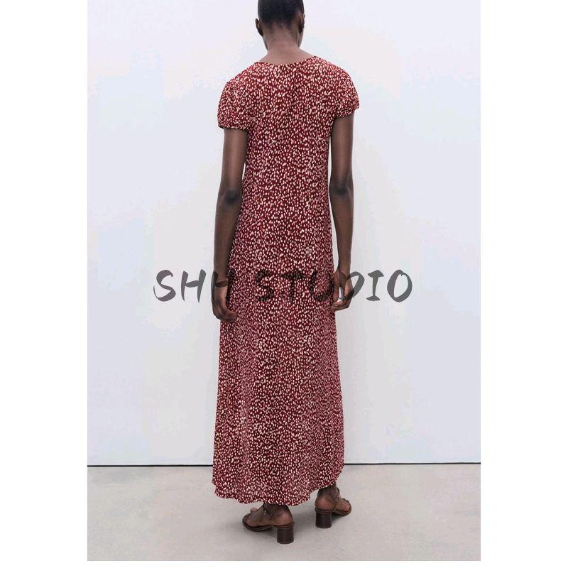 Summer New Arrival Women's French Floral Holiday Side Slit Puff Short Sleeve Straight-leg Dress 17073793