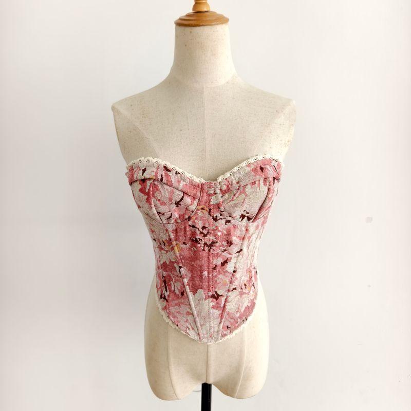 

Cross-Border Foreign Trade Street Retro Flowers Print Wrap-around Lace Lace-up French style Niche Fishbone Vest Pink L