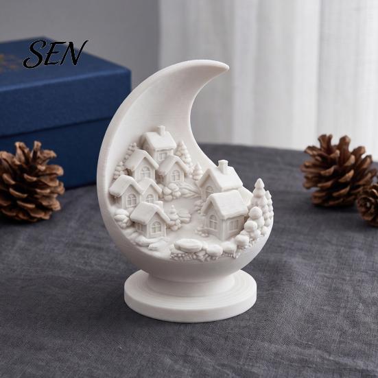 Crescent Snow Village Statue 3D Printed Moon and Snowy Figurine, Mini House Winter Theme Interior Decor with Stable Base, Decorative Sculpture