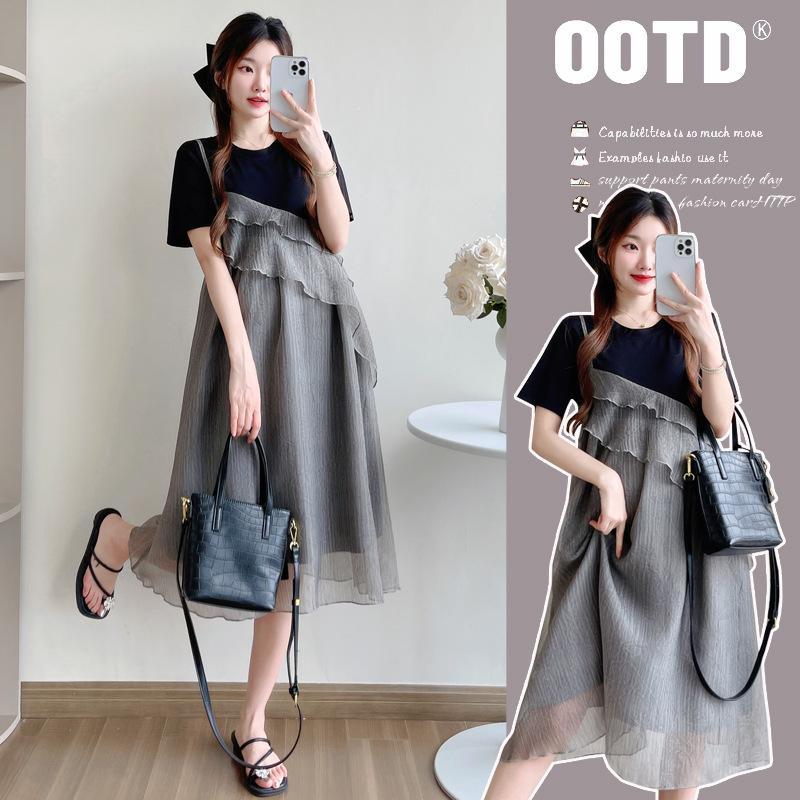 Maternity Wear 2025: Summer Slimming A-Line Patchwork Dress, Plus Size, Fake Two-Piece Design Plus 2XL