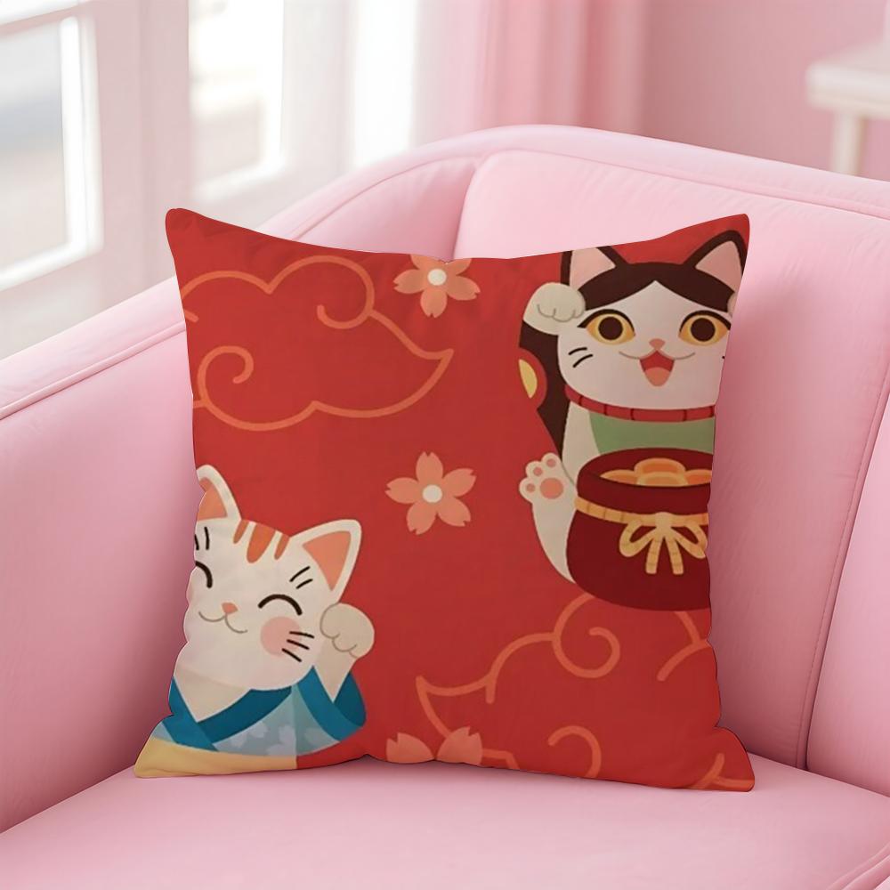 Rich Luck Maneki  neko Cushion Cover Linen Pillowcase Cover Soft Decor for Sofa Home Room