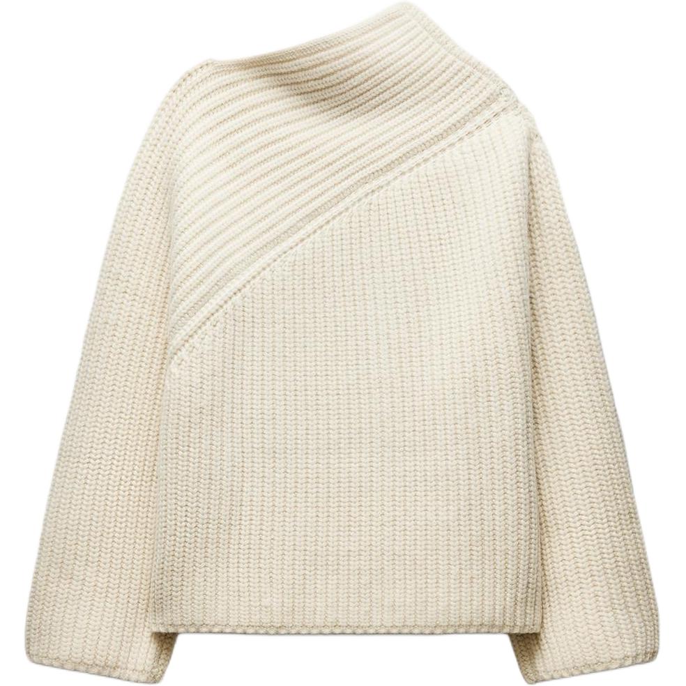 Zara Asymmetrical Neckline Solid Color Ribbed Knit Sweater Women Sweater Beige 4192122-712