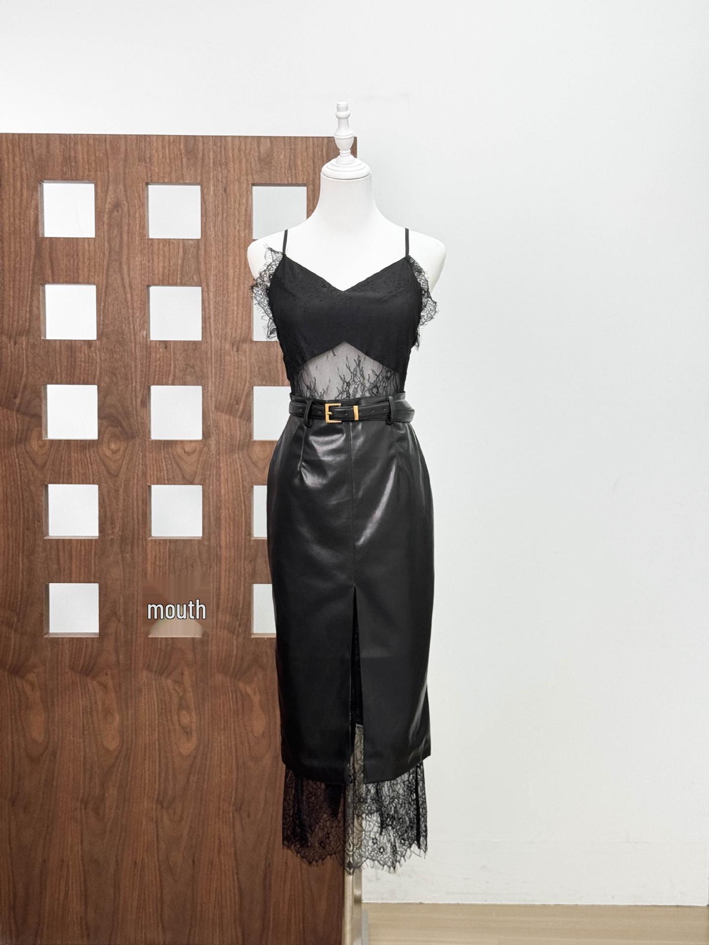 

Modern Retro Autumn Dress with Eyelash Lace and Thin Straps in Eco-Friendly Leather S
