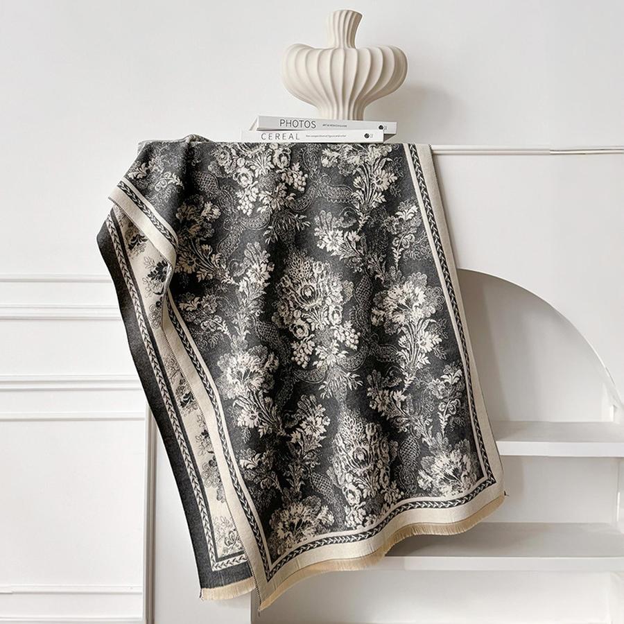 Осень Зима Новый Цветочный Тисненый Искусственный Кашемир Толстый Шарф Модная Верхняя Одежда Элегантная Омолаживающая Шаль серый