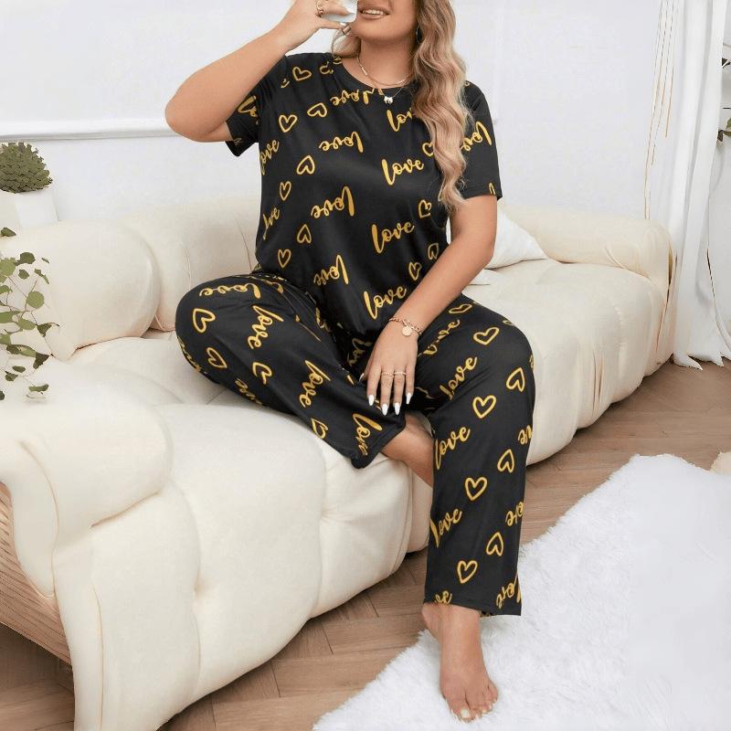 Plus Size 3XL 4XL 5XL Sleepwear Heart Letters Print 2 PCS Pajama Set Women's Casual Short-Sleeve Top and Pants Loungewear