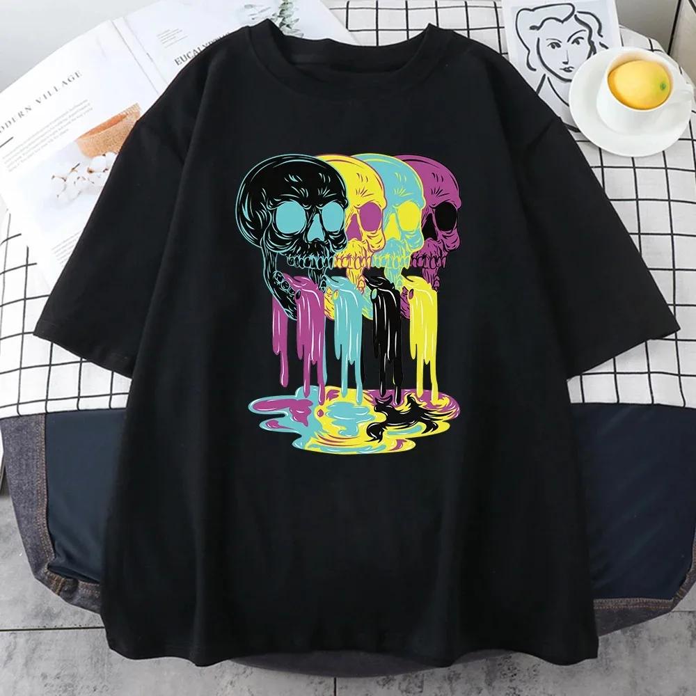 2024 New 4 Vomit From Skulls Funny Printing Cotton T-Shirts For Unisex Personality Fashion Short Sleeve Casual  Unisexs Tee Clothing Unisex