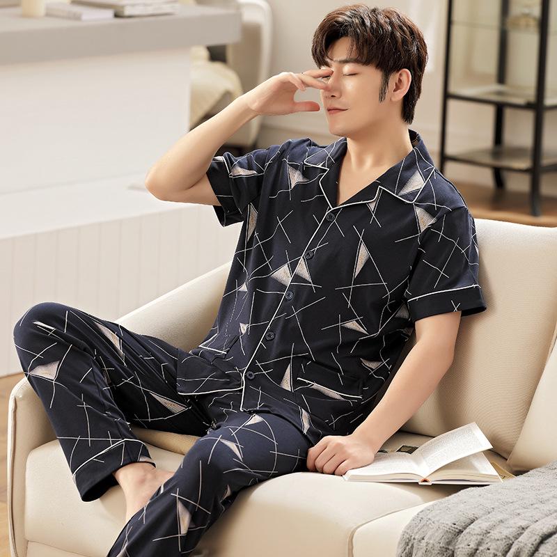 Men's Summer Cotton Pajama Set: Short Sleeve, Long Pants, Plus Size, Loose, Casual, Thin Cardigan Homewear.