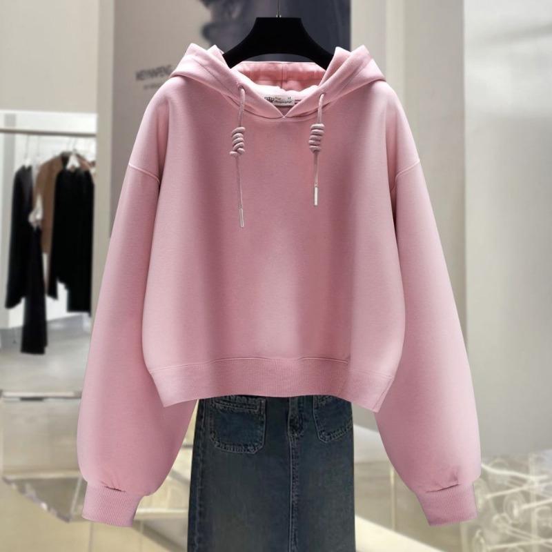 Women's Hooded Sweatshirt with Fleece New Autumn and Winter Fashionable Solid Color Versatile Casual Long-sleeved Top