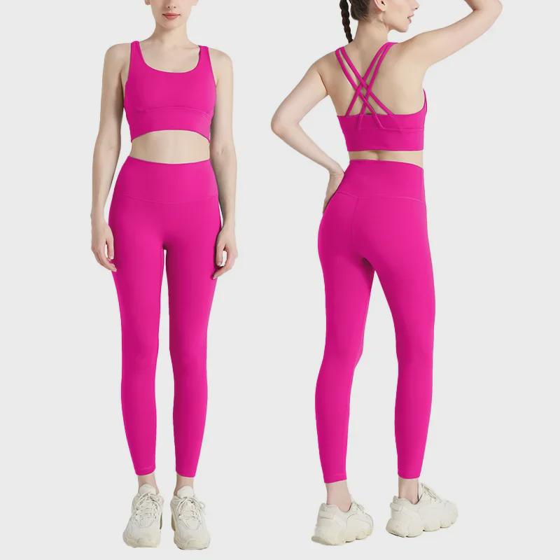 European & American Women's Cross-Back Yoga Set: High-Waist, Nude Hip-Lifting Fitness Pants