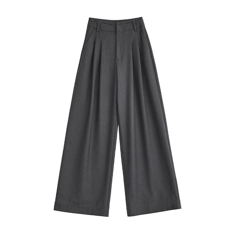 FAESSLIN Women's High-Waist Draped Gray Straight-Leg Trousers