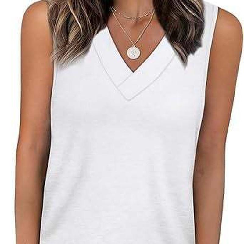Summer European Style Women V-Neck Casual Loose Fit Solid Color Tank Sleeveless