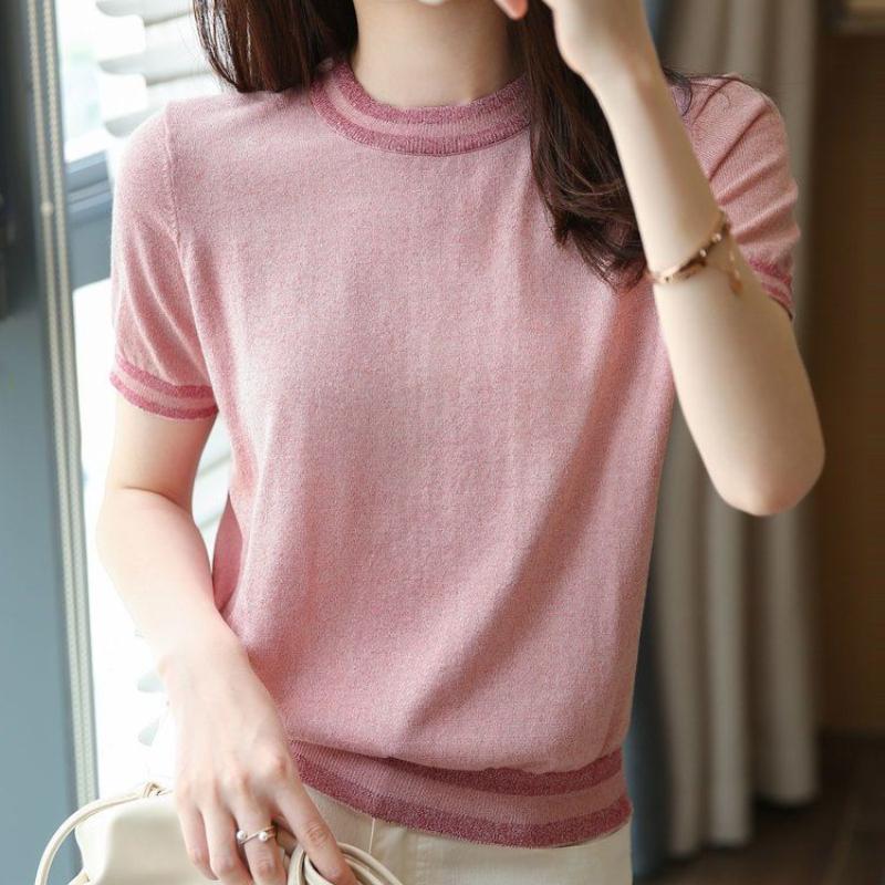 Color Blocking Walking Bright Silk Short Sleeved Knitted Sweater for Women Light Mature Pink Single Breasted Bottom Top