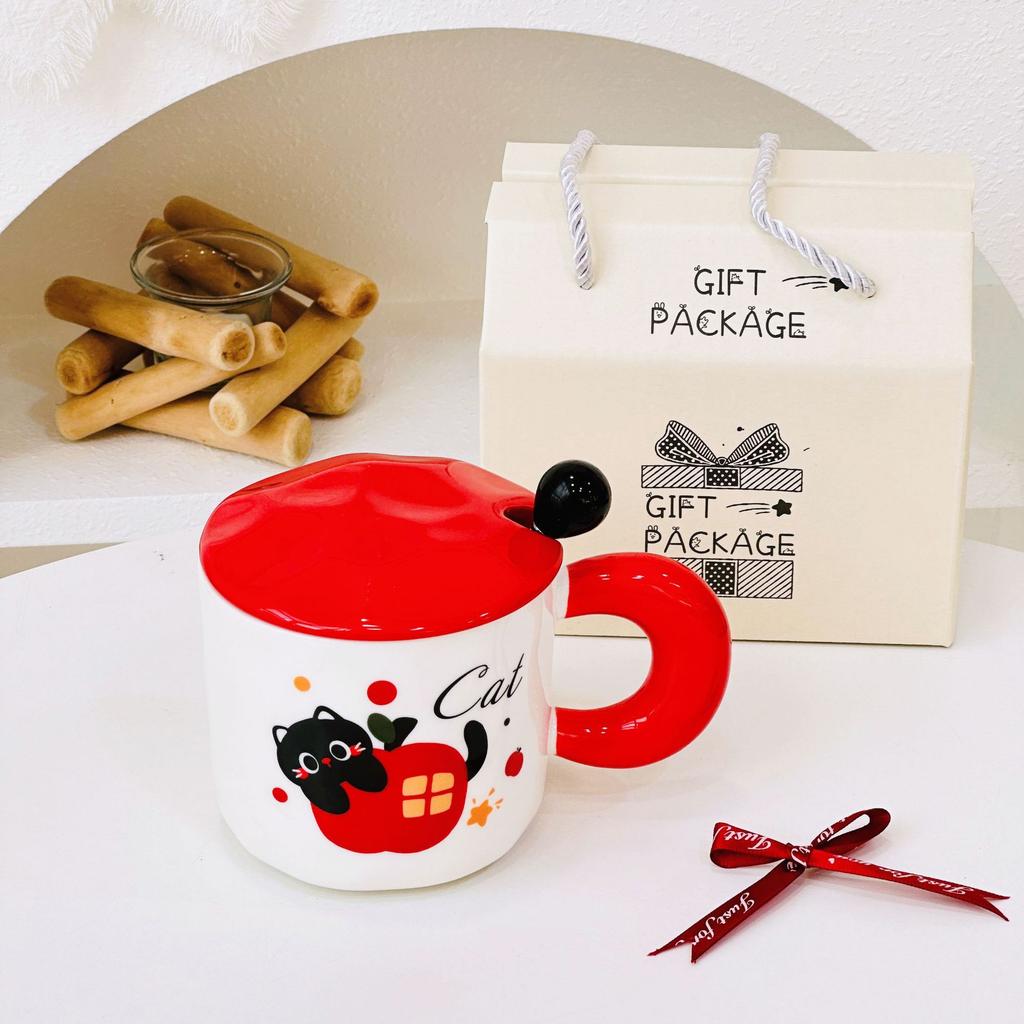 Personalized Large Capacity Cat Cartoon Cute Straw Cup Small Gift Box Set for Household Ceramic Cup High Value Mug