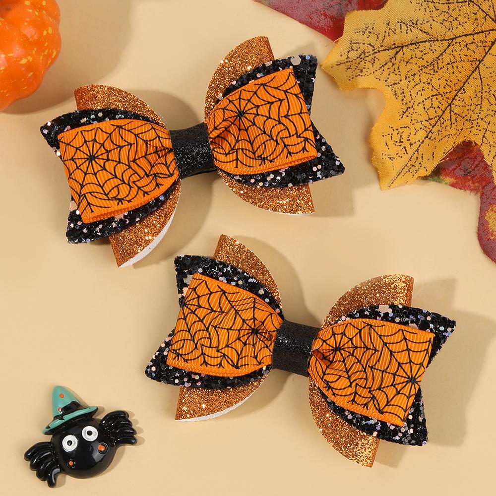 2/4 Stück Halloween Schleifen Haarspangen Set Spinnennetz Maisdruck Haarnadeln Glitzer Pailletten Schleife Haarklammer für Mädchen Kinder Accessoires