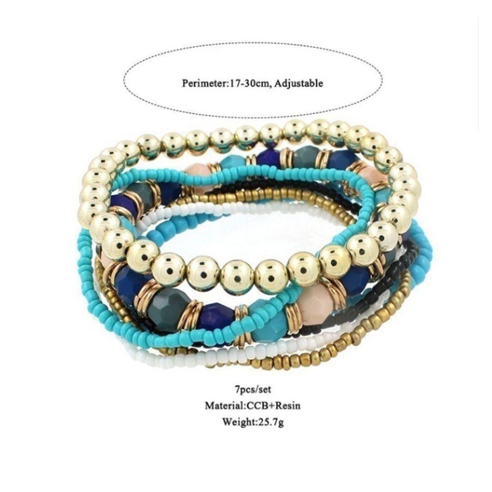Women Silver Multi-layer Elastic Bangle Beaded Bracelet Boho