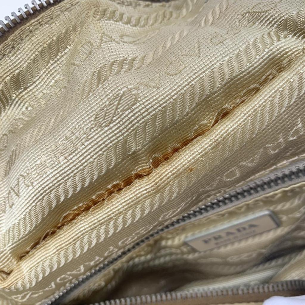 Prada Quilted Tessuto Nylon Tote Boston Bag Handbag One Shoulder Brown Beige Leather Triangle Logo Plate