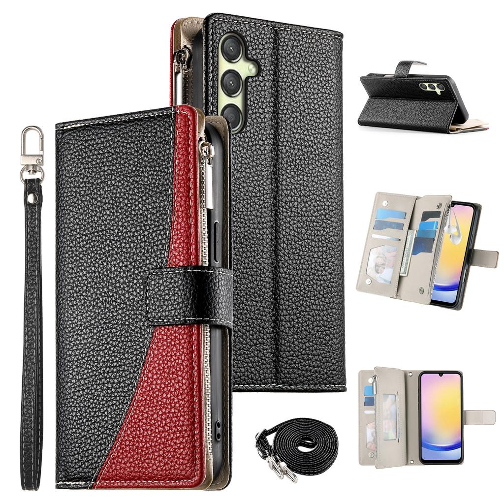 For Samsung Galaxy A25 5G (Global) (161.0mm) Etui Glidelås Lommebok Fargespleiset Lær Flip Telefondeksel med Stropper