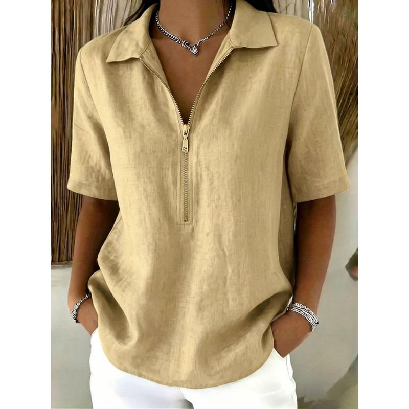 Damen Halbreißverschluss Poloshirt aus Leinenmischung Kurzarm Lässige Bluse