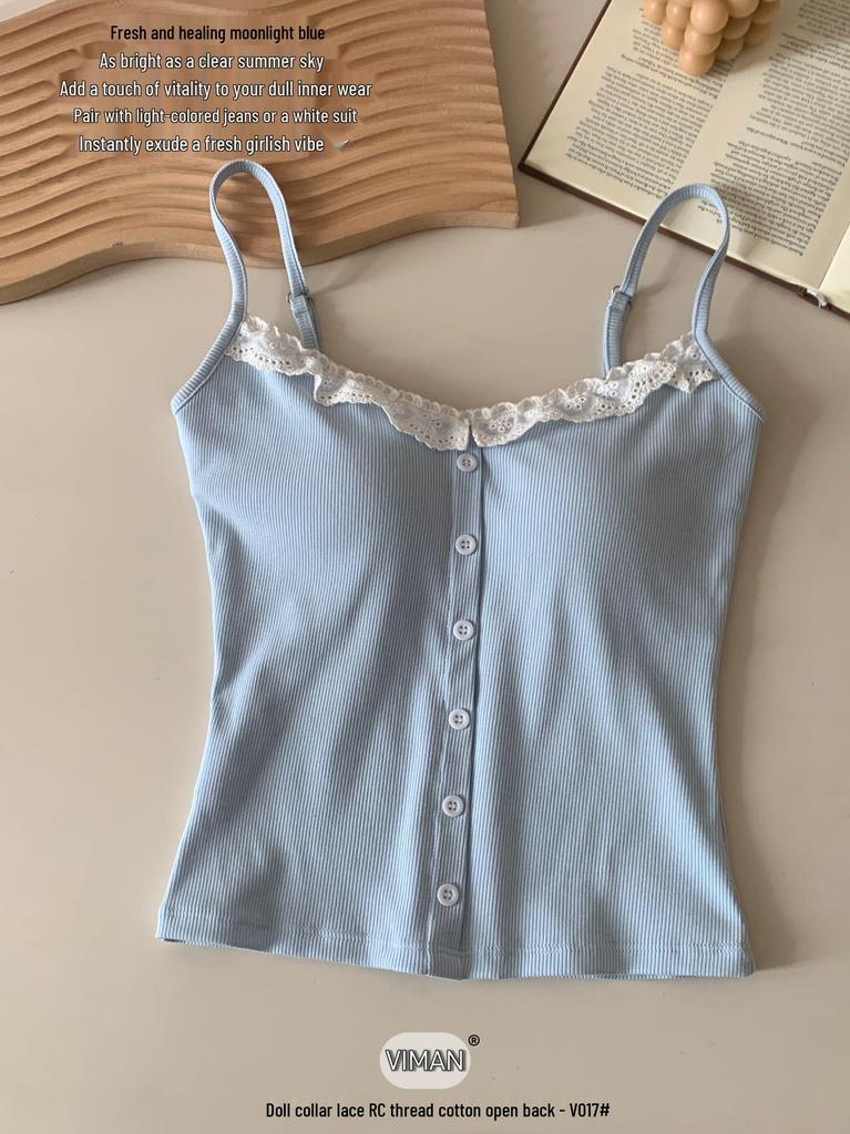 Spring Ribbed Cotton Doll Collar Lace Camisole - Slim Fit, Versatile Fashion Top